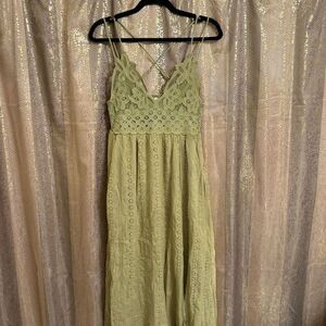 Mahina Hawaii Olive Green Crochet Top Boho Eyelet Maxi Dress Medium